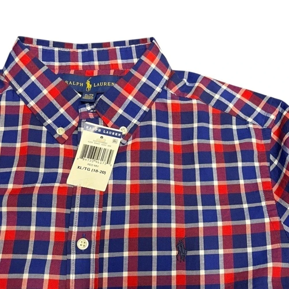 Ralph Lauren Boys XL Red White Blue Plaid Button Down Shirt Americana Preppy NEW